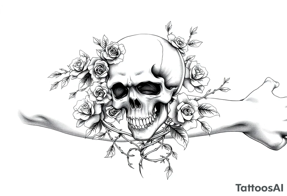 gothic skull intertwined with climbing roses and thorny vines tattoo idea