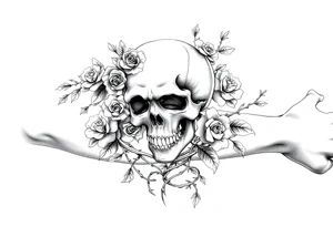 gothic skull intertwined with climbing roses and thorny vines tattoo idea