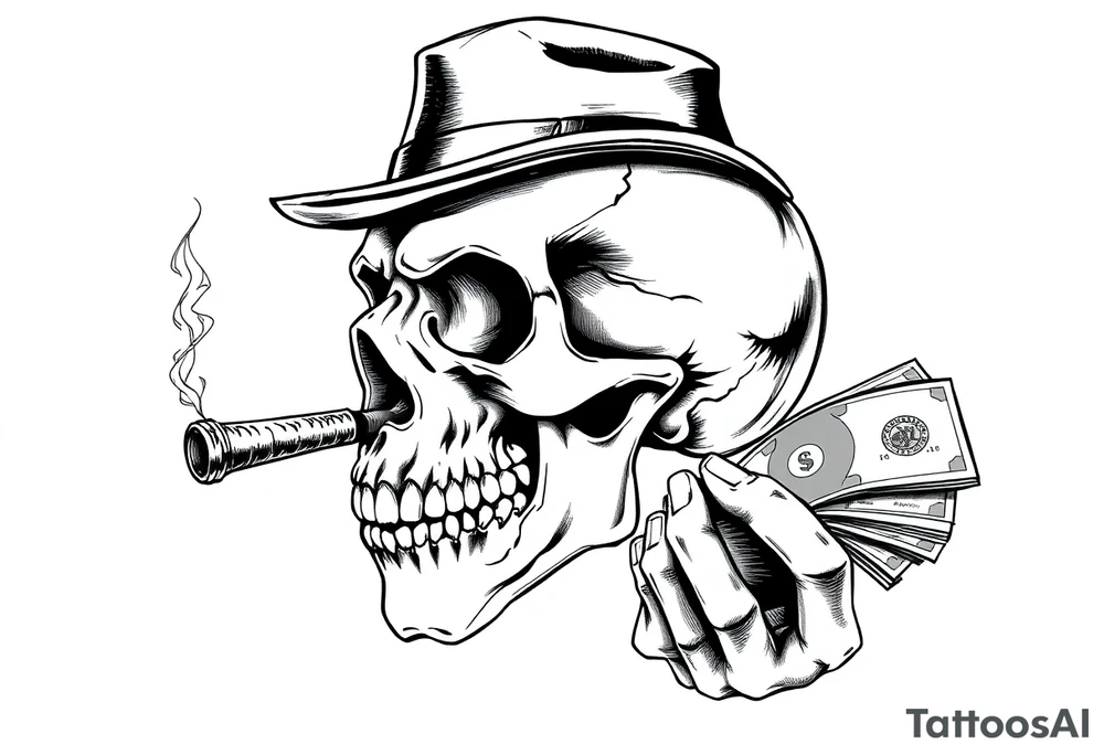 skull with cigar in his mouth,a mustache,a top-hat and money in a hand. tattoo idea