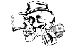 skull with cigar in his mouth,a mustache,a top-hat and money in a hand. tattoo idea