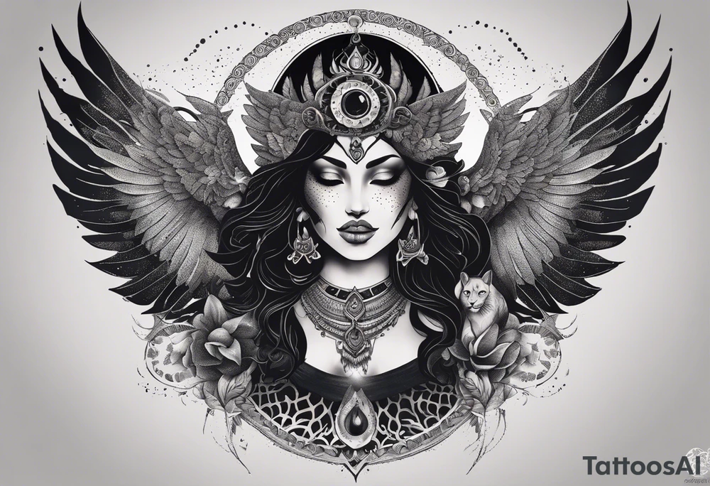 black kali, goddess pirate, alien, angel, pachamama, valkrye, warrior, flying, skull, lotus azul, wing, eagle, zenza resonance, stars, 5D, anahata chakra, death, durga, riding on a tiger, flying lady, kundalini, chest tatoo, samuri, rebel,serpent tattoo idea