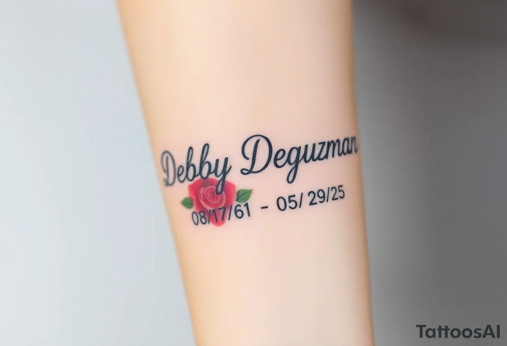 Tattoo of the name Debby Deguzman in chunky bold curly cursive with the exact dates of 08/17/61-05/29/25 surrounded by a hummingbird and a rose tattoo idea