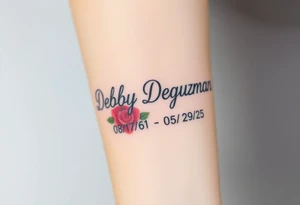 Tattoo of the name Debby Deguzman in chunky bold curly cursive with the exact dates of 08/17/61-05/29/25 surrounded by a hummingbird and a rose tattoo idea