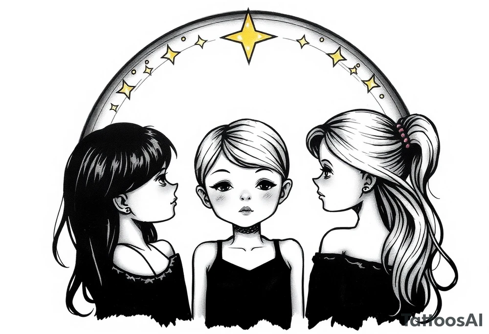 3 petites filles ( une cheveux noir et deux blondes)
sous un arc en ciel incomplet tattoo idea