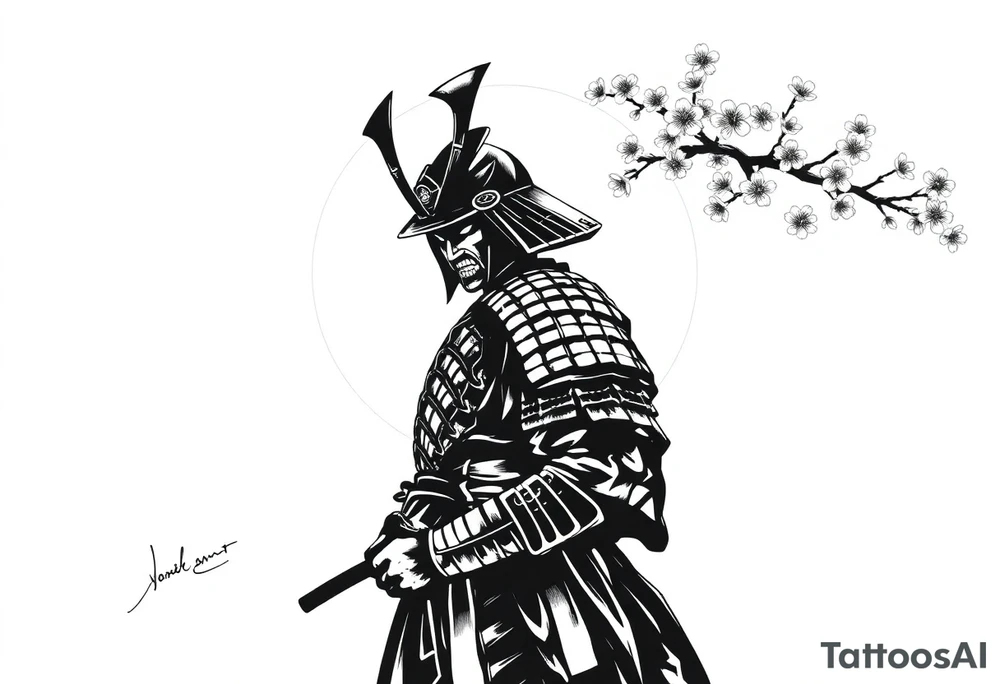 noble samurai warrior silhouette at sunset with cherry blossoms tattoo idea