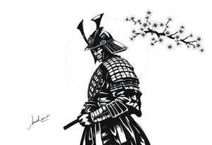 noble samurai warrior silhouette at sunset with cherry blossoms tattoo idea
