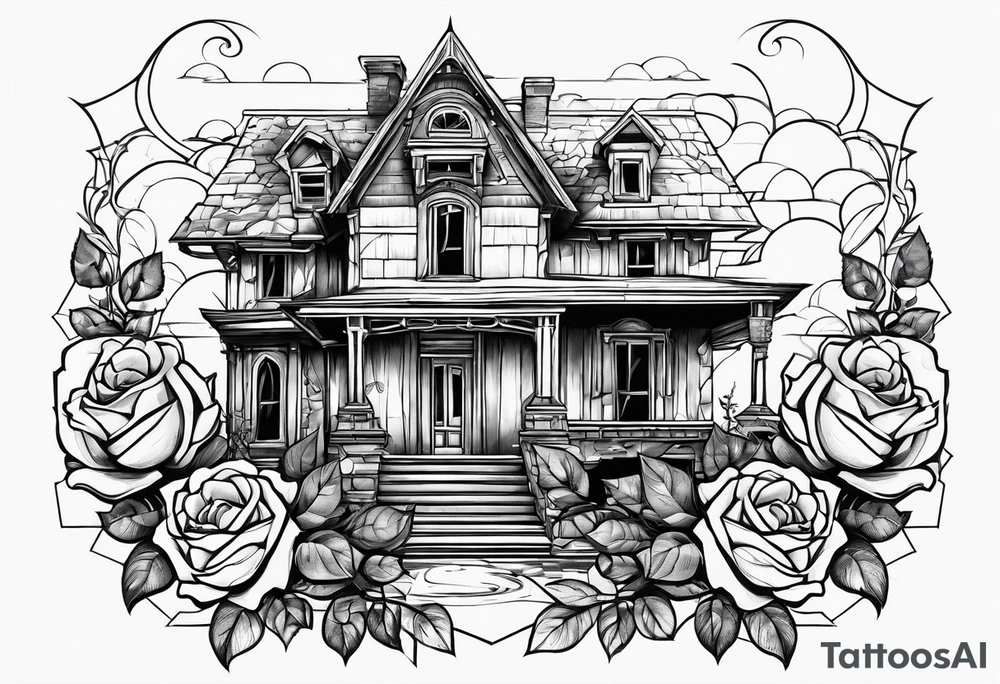 abandoned old house, broken sword, roses, тату рукав tattoo idea