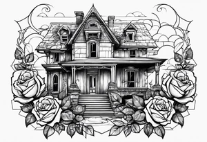 abandoned old house, broken sword, roses, тату рукав tattoo idea