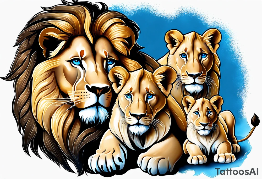 Male father lion with blue eyes. Two male cub lions one with blue eyes and the other brown. Father lion protecting cub lions. tattoo idea