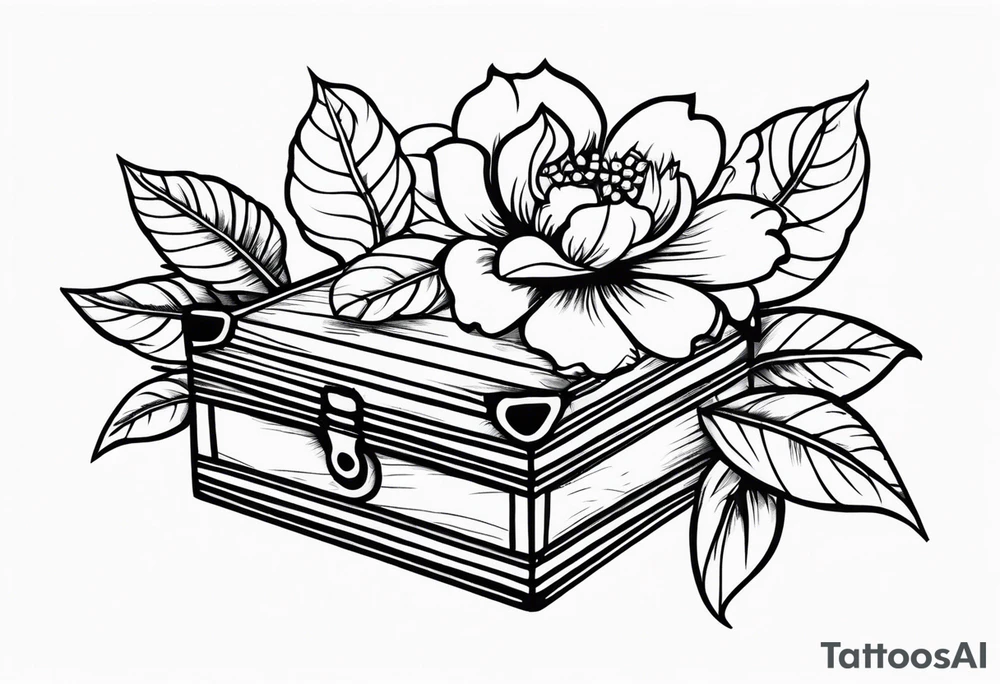 An sailor Jerry style tattoo of a vintage cigar box with one lit cigar and one flower on top tattoo idea