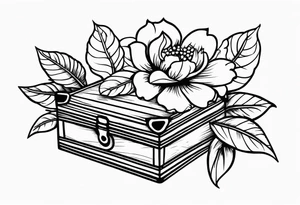 An sailor Jerry style tattoo of a vintage cigar box with one lit cigar and one flower on top tattoo idea