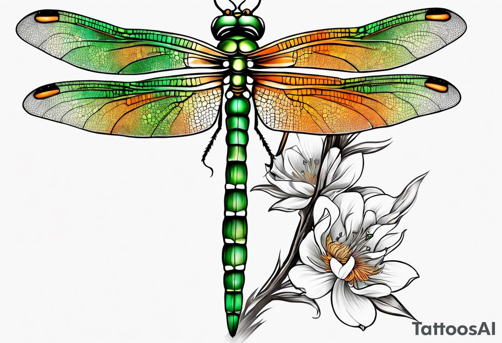 green and orange dragonfly on a twig tattoo idea