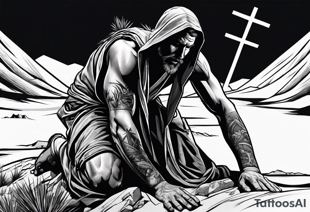man crawling in a desert reaching to the cross of Christ tattoo idea