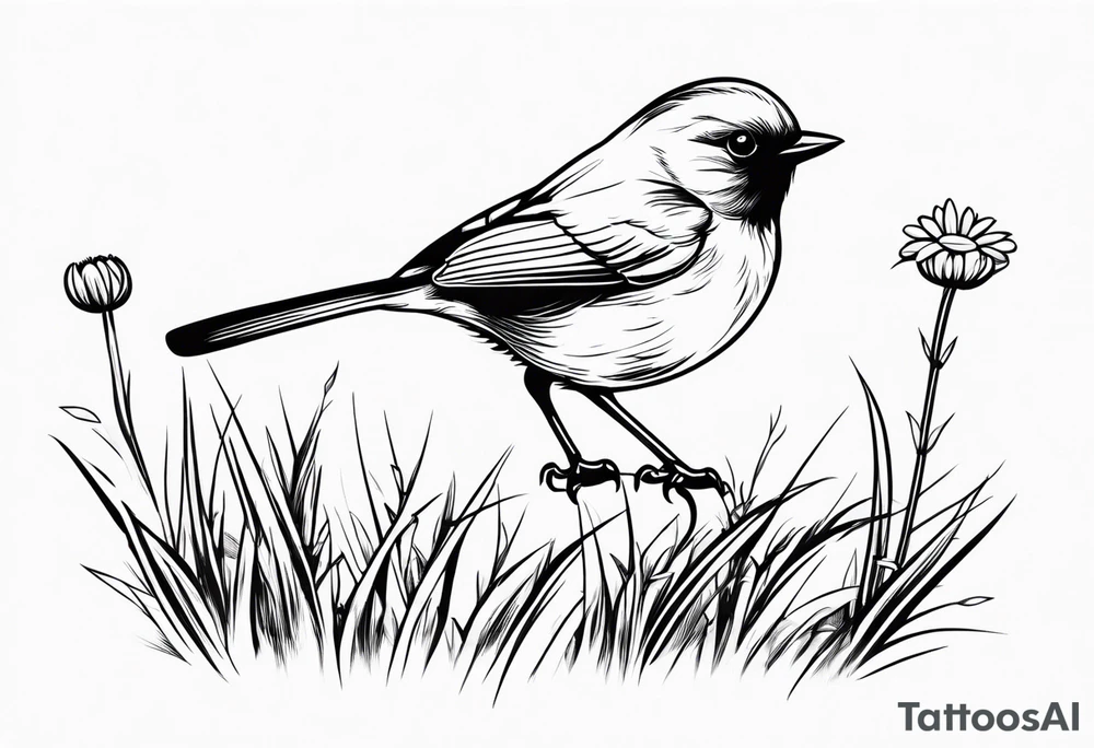 Little bird perched in grass with daisy tattoo idea