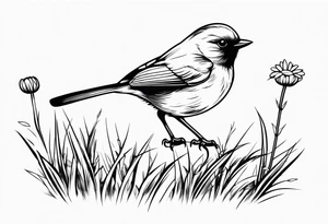 Little bird perched in grass with daisy tattoo idea