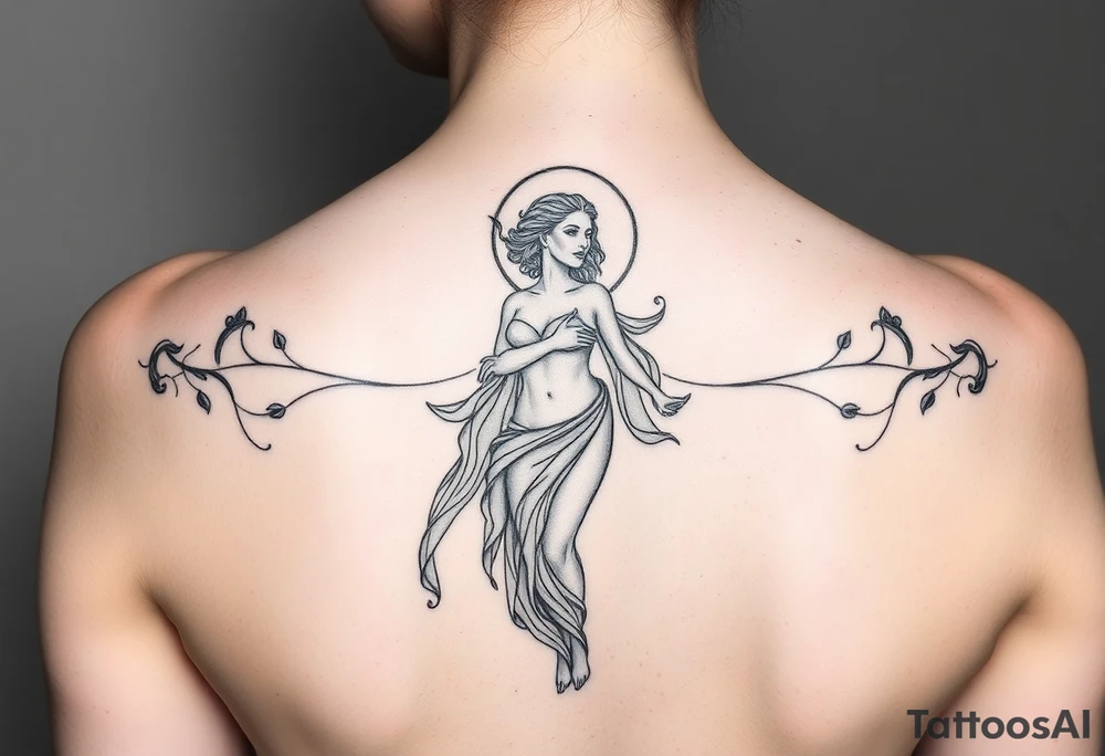 A hyper-realistic depiction of a divine figure like Aphrodite or a moon goddess. smaller and sick tattoo idea