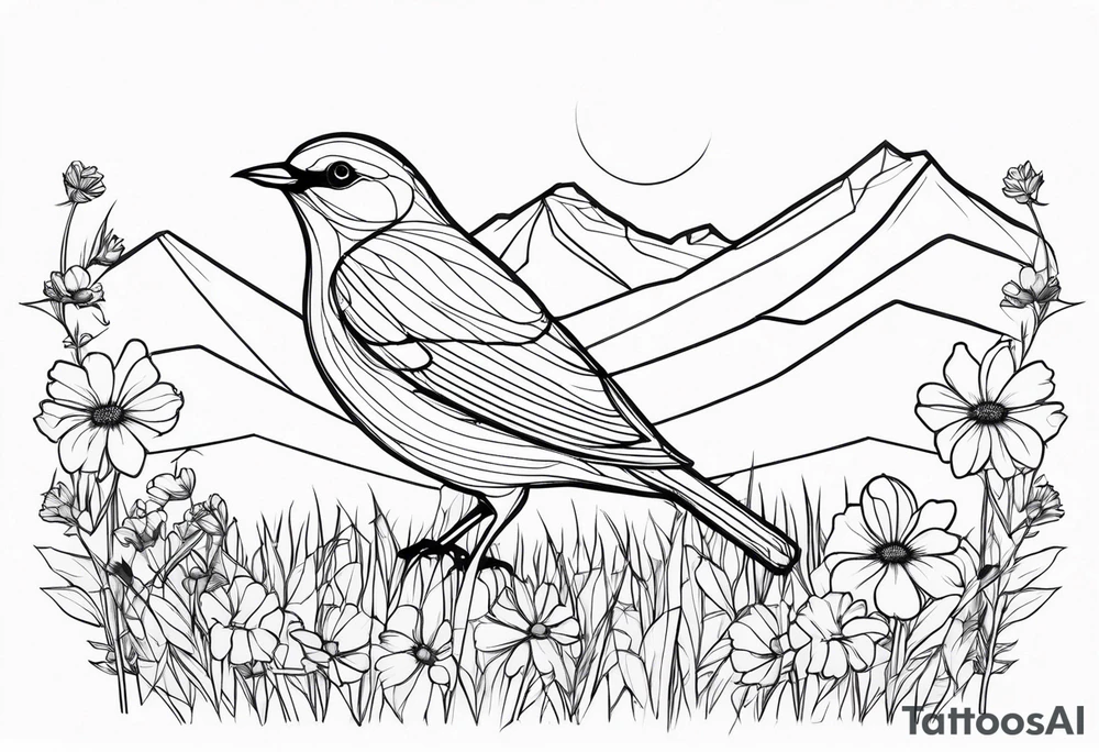 Geometric Black and white blue bird outline sitting in grass and daisys with mountains tattoo idea