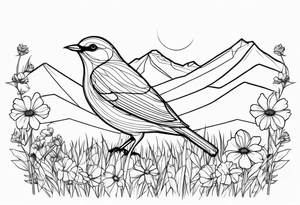 Geometric Black and white blue bird outline sitting in grass and daisys with mountains tattoo idea