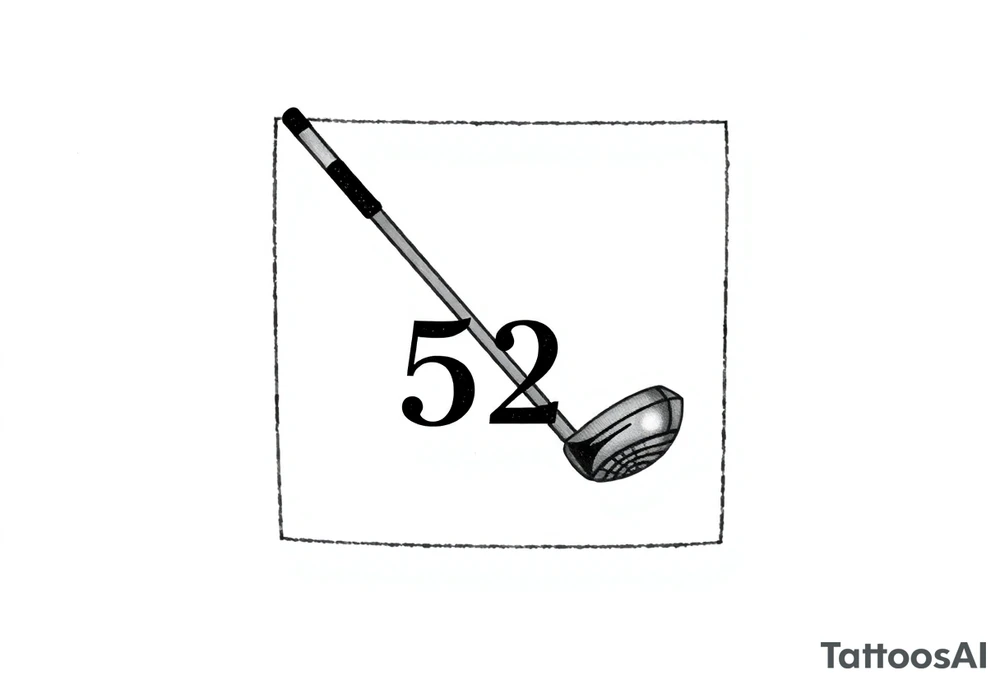 A small realistic golf club centered inside a minimalist frame (should be straight rectangular). Inside the frame, integrate the number 52 in a balanced way, either beneath or overlaying the golf club. The number should not be too big Black tattoo style, suitable for thigh tattoo. clean lines, not that detailed - simple of nature. tattoo idea