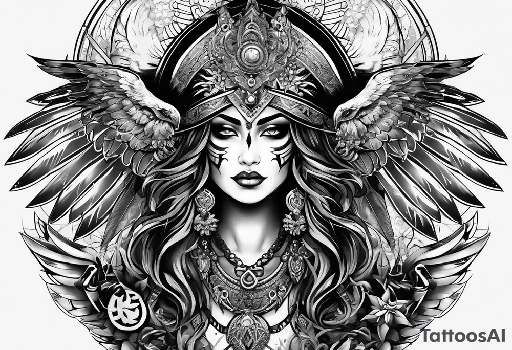 black kali, goddess pirate, alien, pachamama, valkrye, warrior, skull, lotus azul, wing, eagle, zenza resonance, stars, one side chest tattoo idea