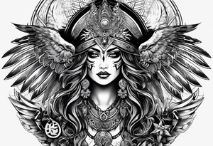 black kali, goddess pirate, alien, pachamama, valkrye, warrior, skull, lotus azul, wing, eagle, zenza resonance, stars, one side chest tattoo idea