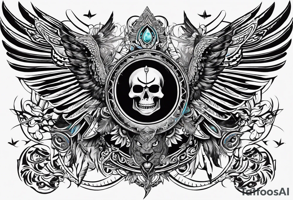 black kali, goddess pirate, alien, angel, pachamama, valkrye, warrior, flying, skull, lotus azul, wing, eagle, zenza resonance, stars, 5D, anahata chakra, death, durga, riding on a tiger, flying lady tattoo idea