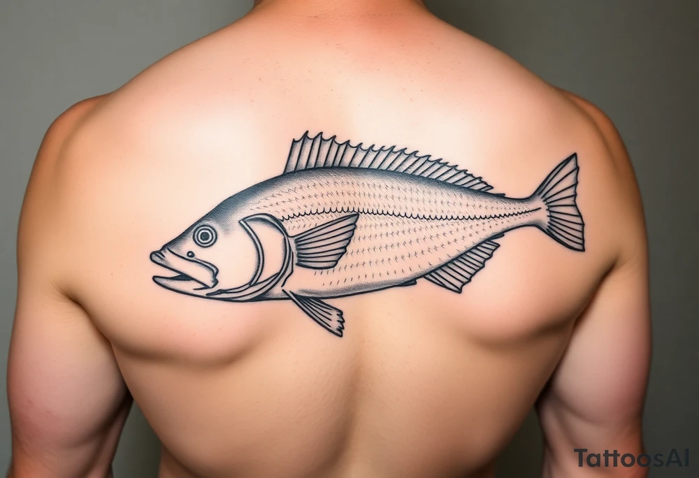 A halibut on a flishing line with a down rigger out kn the ocean tattoo idea