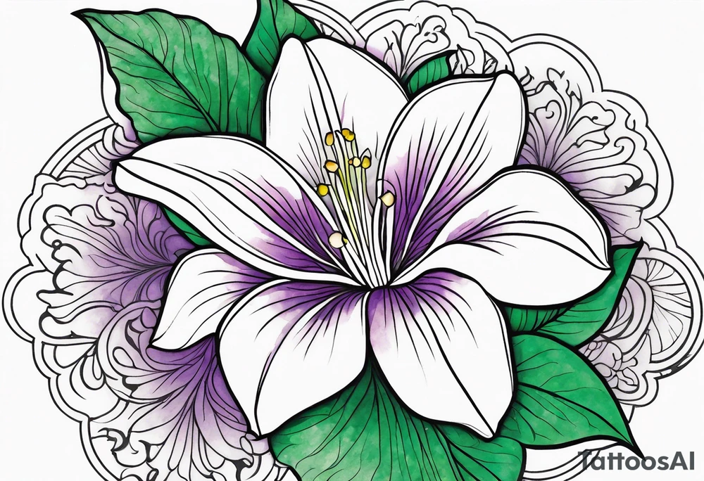 An outline of a rio dipladenia flower with a green and purple watercolor in the background tattoo idea