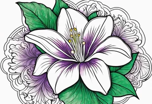 An outline of a rio dipladenia flower with a green and purple watercolor in the background tattoo idea