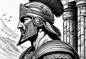 Side profile of spartan soilder with ancient pillars in background tattoo idea