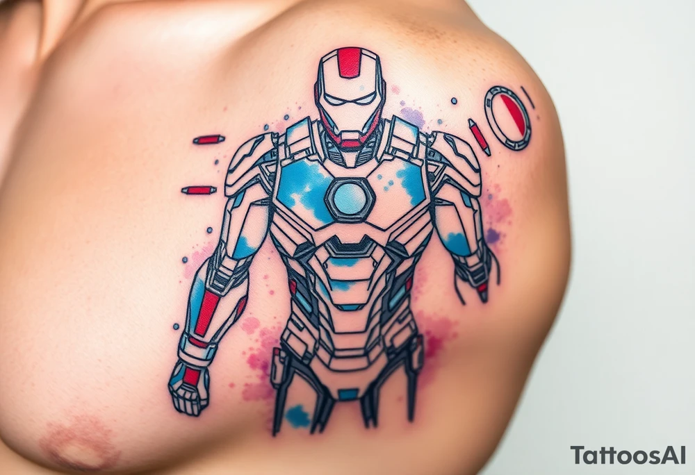 Ironman suit blueprint for separated suit parts with watercolor and geometric technique tattoo idea