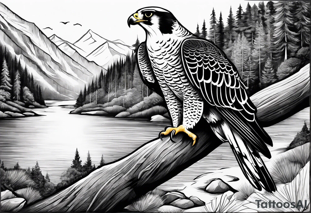 I would like to design a full sleeve tatoo with an outdoor theme. I want to have a mountain and a river on the upper outside part of the arm and a large peregrine falcon holding a snake somewhere else in the tatoo tattoo idea