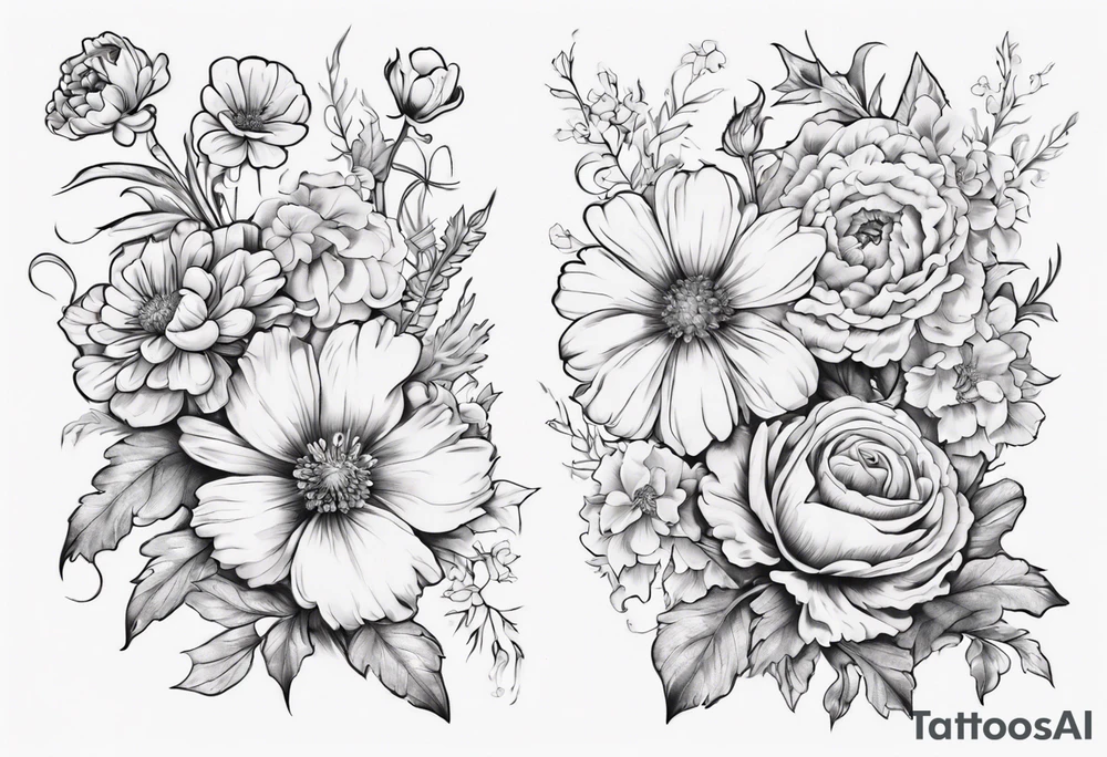a sleeve tattoo of Marigold flowers, Cosmos flowers, Chrysanthemum flowers, Narcissus flowers, Holly flowers, roses and honeysuckles. tattoo idea