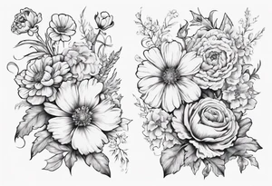 a sleeve tattoo of Marigold flowers, Cosmos flowers, Chrysanthemum flowers, Narcissus flowers, Holly flowers, roses and honeysuckles. tattoo idea