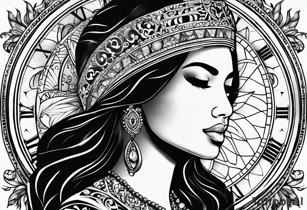 Hispanic/ Latin  goddess, love, forgiveness, strength, peace, cancer zodiac time, past, future, clock tattoo idea