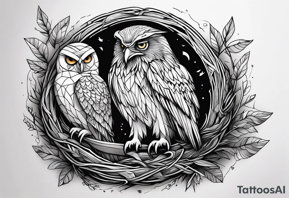 Owl, raven, eagle cuddled in a nest, birdseye view tattoo idea