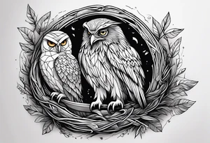 Owl, raven, eagle cuddled in a nest, birdseye view tattoo idea