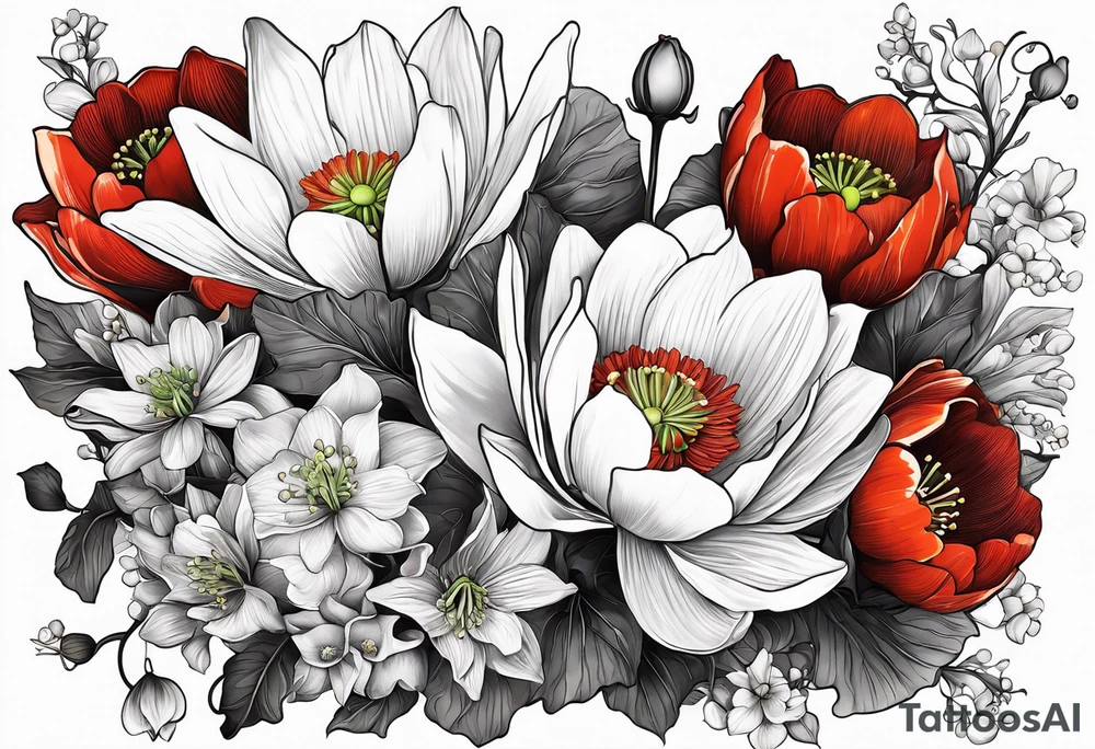 Poppy, water lily, Lily of the valley, flower bouquet, portrait style tattoo idea