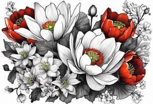 Poppy, water lily, Lily of the valley, flower bouquet, portrait style tattoo idea