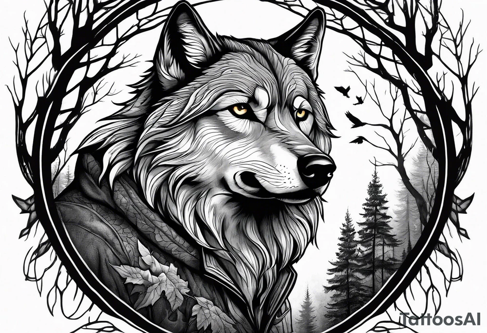 main character is an impressive powerful wolf, a crow talks to the wolf, background a gloomy mysterious forest tattoo idea