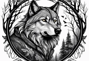 main character is an impressive powerful wolf, a crow talks to the wolf, background a gloomy mysterious forest tattoo idea