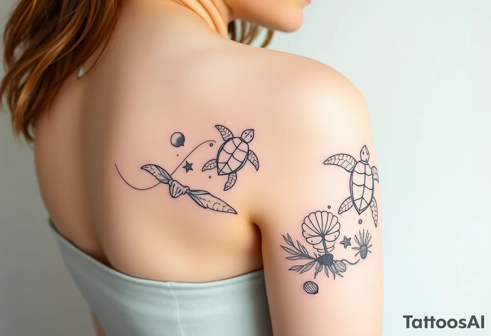 A delicate tattoo design inspired by the fine-line style of @aestet.ink, tailored for a female figure. The design flows from the base of the neck, over the shoulder, and wraps around the upper arm, with two turtles placed prominently on the upper arm. The composition emphasizes a minimalist beach theme, featuring soft, flowing wave patterns, palm leaves, and seashells. Hidden within the design are personal symbols: a TTR50 Yamaha motorbike, initials 'C' and 'K', a moon and sun, a small monster truck, a kangaroo paw (for Mum), a small packet of lollies (for Dad), a Holden Kingswood with single round headlights, and three similar shells representing brothers, one shell a different shade representing my brother that passed away, two other shells that are similar representing my sisters. The tattoo has crisp, fine lines, subtle shading, and intricate details, blending natural flow with spiritual symbolism. Displayed on a female figure for accurate placement. HD quality, natural look --ar 1024:1792 tattoo idea