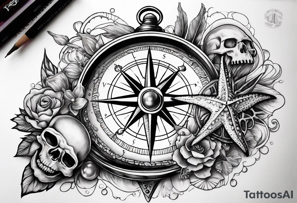 Nautical pirate themed compass with a skull, oyster with pearl, shark and starfish. Placed on the shoulder tattoo idea