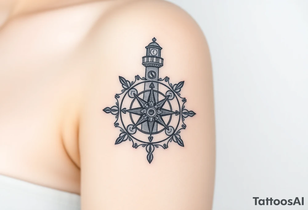 antique compass rose overlaid on light house. Add moon tattoo idea