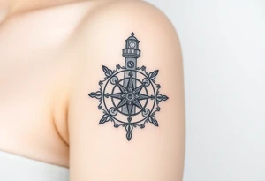 antique compass rose overlaid on light house. Add moon tattoo idea