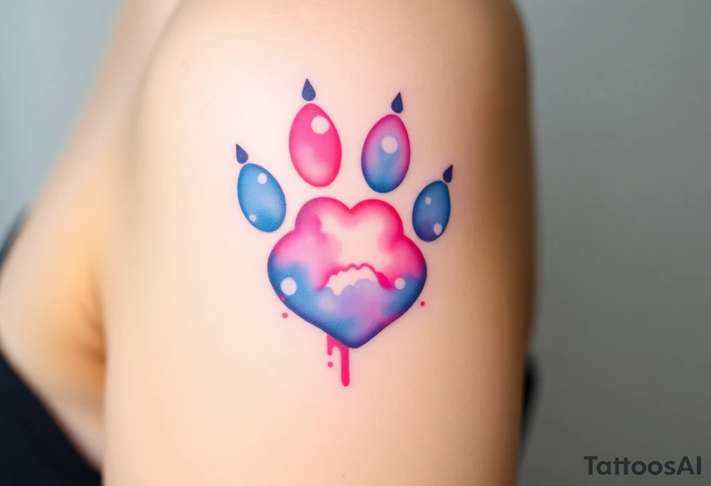 A watercolor-style paw print blending vibrant hues of pink, blue, and purple, creating the shape of a heart tattoo idea