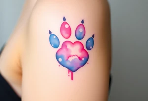 A watercolor-style paw print blending vibrant hues of pink, blue, and purple, creating the shape of a heart tattoo idea