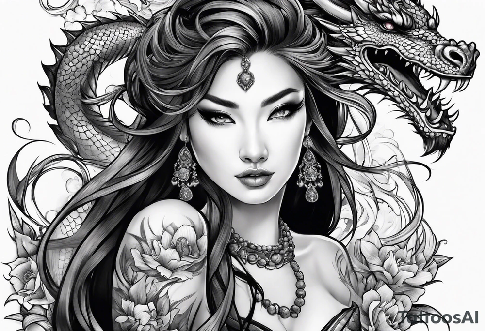 two dragons lady design tattoo idea