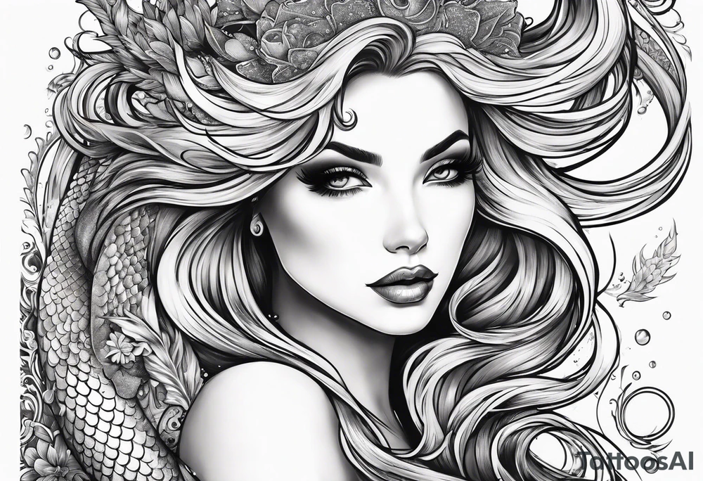 sexy full bodied mermaid with flowing tail and hair, tattoo sleeve tattoo idea