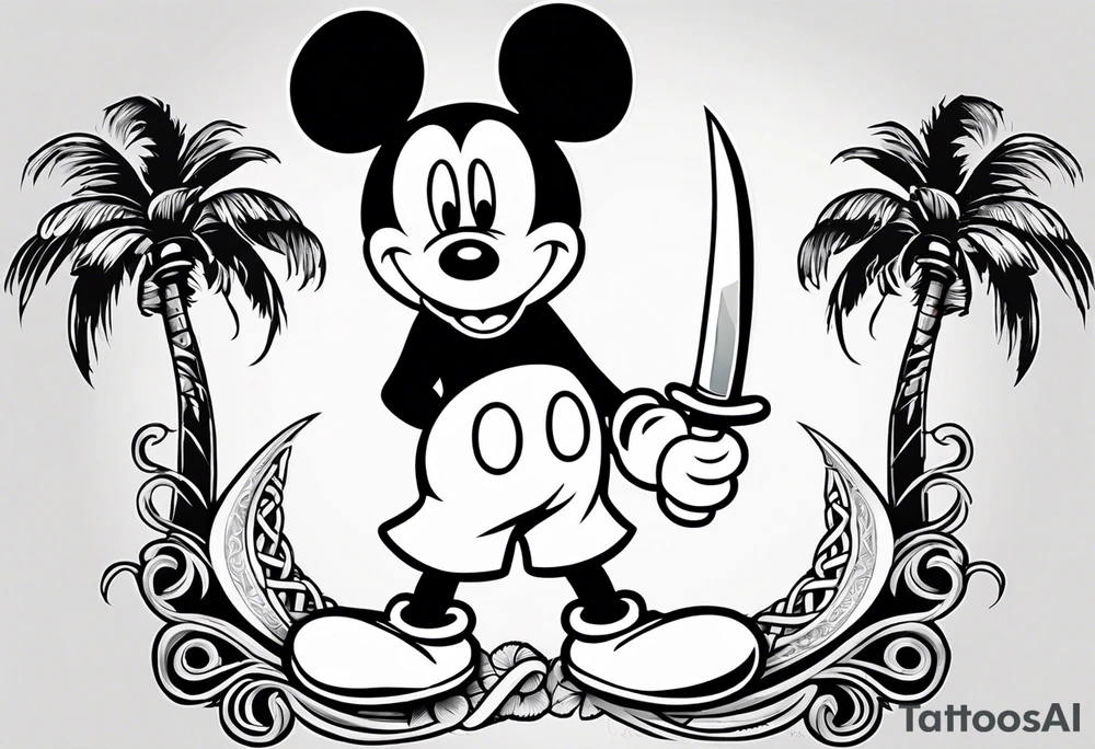 mickey mouse holding a kerambit knife in one hand and a rattan stick in the other hand with palm trees and the celtic symbol for family tattoo idea